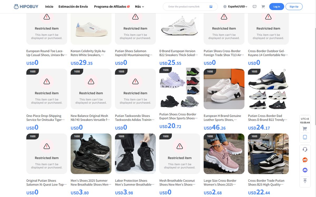 Resultados de búsqueda en Hipobuy con varias fichas marcadas como Restricted item