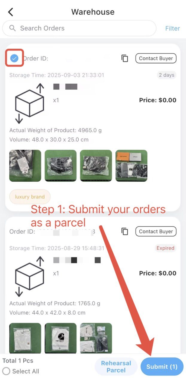 Almacén de Hipobuy en móvil con tarjetas de pedido, peso real, volumen y botón de envío