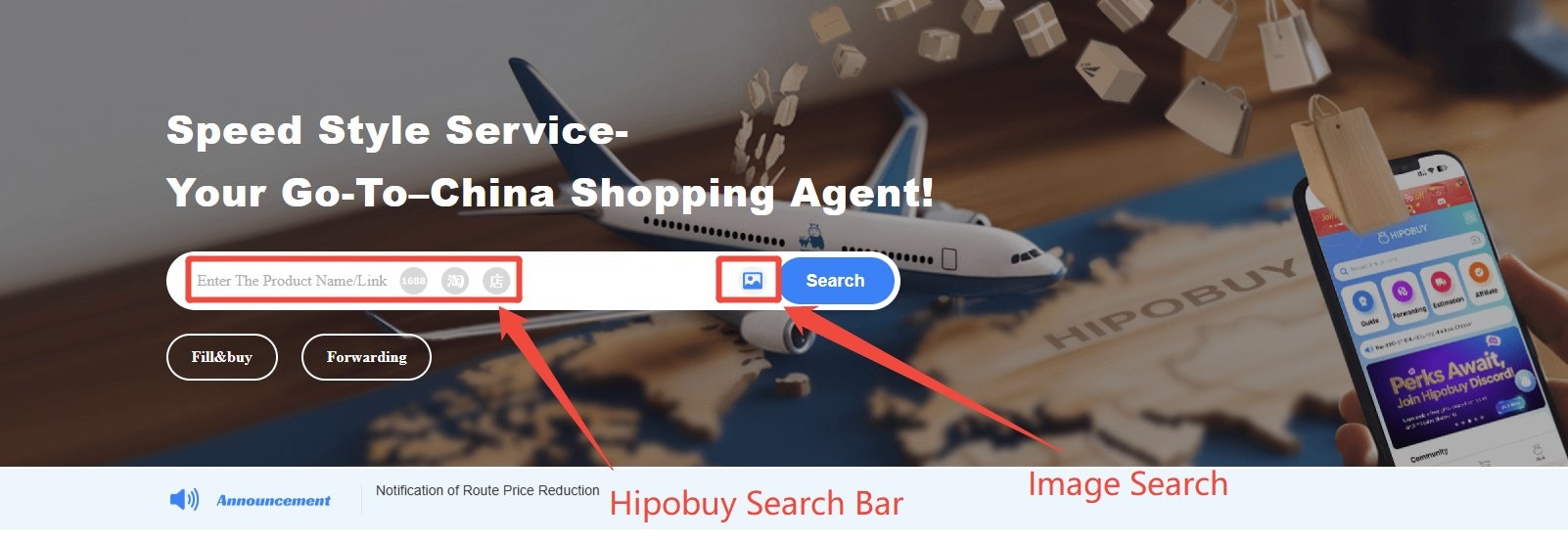 Buscador de la web de Hipobuy con las anotaciones oficiales «Hipobuy Search Bar» e «Image Search»