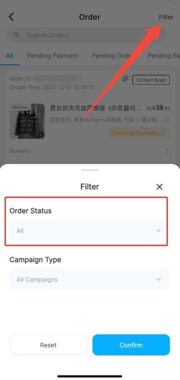 Panel de filtros de pedidos en la aplicación de Hipobuy con el selector «Order Status»