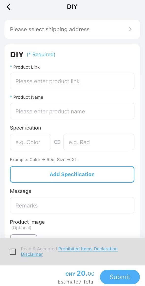 Formulario de pedido personalizado de Hipobuy con campos de enlace, nombre y especificaciones