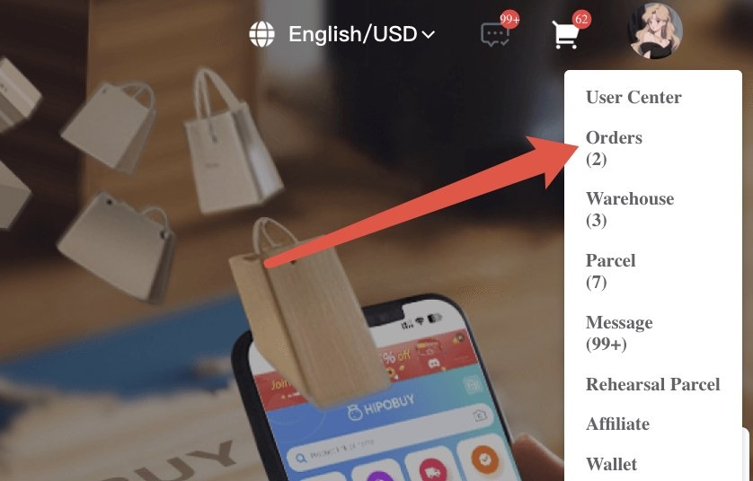 Menú de cuenta de Hipobuy en escritorio con los accesos Orders, Warehouse, Parcel y Message