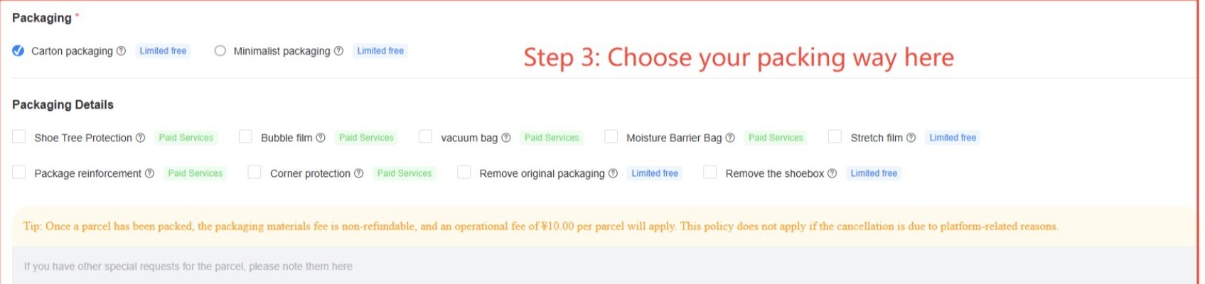 Lista de opciones de embalaje de Hipobuy, unas etiquetadas como gratuitas con límite y otras como servicios de pago