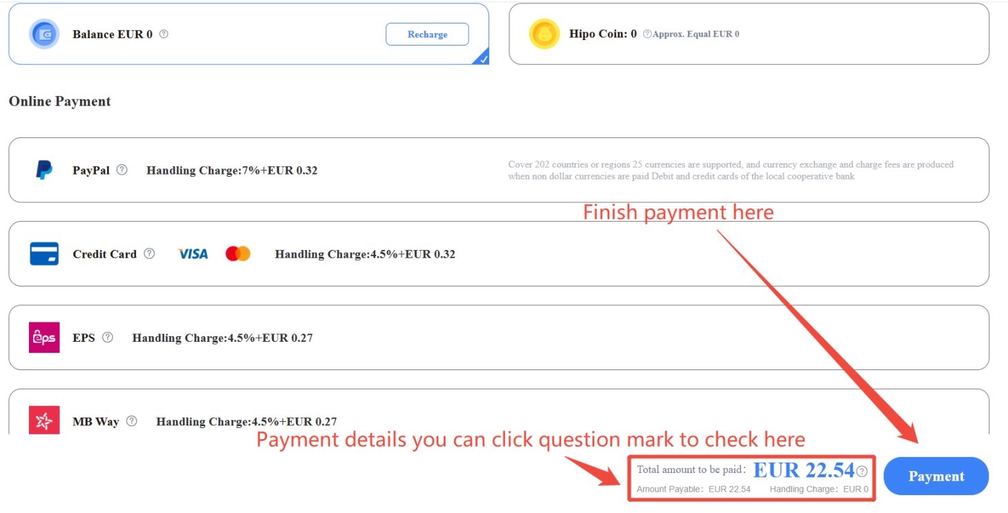 Pantalla de métodos de pago de Hipobuy con las comisiones de PayPal, tarjeta, EPS y MB Way
