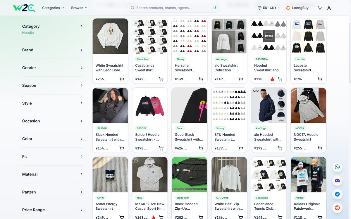 Resultados de búsqueda de sudaderas en W2CSpreadsheet con la columna de filtros a la izquierda